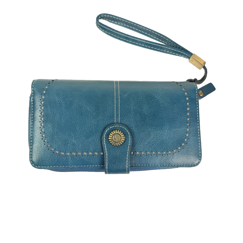 Teal Leather Wristlet Wallet with Stud Accents with Multiple Card Slots